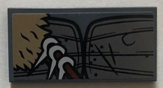 Lego Tile 2 x 4 with Pearl Dark Gray Armor, Dark Tan Fur, and Metallic Silver Spikes on Reddish Brown Sash Upper Pattern (Sticker) - Set 76075 / Dark Bluish Gray