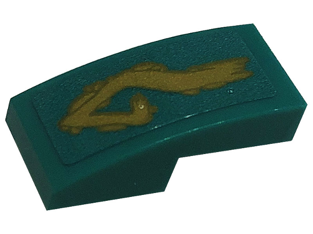 Lego Slope, Curved 2 x 1 x 2/3 with Gold Tribal Symbol Tattoo on Dark Turquoise Background Pattern Model Left Side (Sticker) - Set 71746