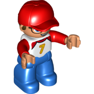 Lego Duplo Figure with Cap Red, Blue Legs, Red Arms, and Yellow '7' Print