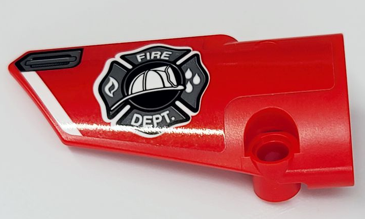 Lego Technic, Panel Fairing # 3 Small Smooth Long, Side A with 'FIRE DEPT.', Shield and Door Handle Pattern (Sticker) - Set 42075 / Red