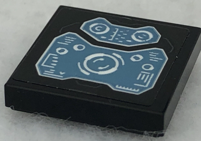 Lego Tile 2 x 2 with Metallic Light Blue Control Panel Screen with White Arrows, Gauges and Lines Pattern (Sticker) - Set 76194 / Black