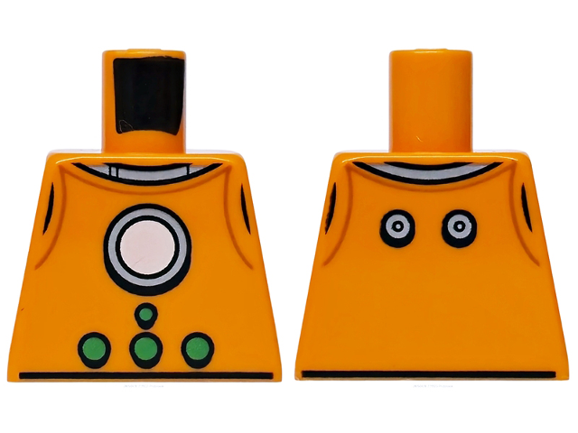Lego Torso Spacesuit with White Circle in Silver Ring, Bright Green Buttons, Dark Orange Lines Pattern / Orange