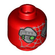 Lego Minifig Head Petra Parker, Silver Eye, Cyborg Eye with Green Light, Spider Webbings with Barbs / Red