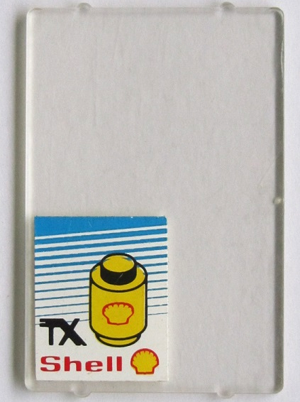 Lego Glass for Window 1 x 4 x 5 with 'TX', Shell Logo and Yellow 1 x 1 Round Brick on Blue Striped Background Pattern (Sticker) - Set 6378