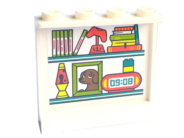 Lego Panel 1 x 4 x 3 with Side Supports - Hollow Studs with Shelves with Books, Game Controller, '09:08' Digital Alarm Clock, Lava Lamp and Picture of Dog Pattern (Sticker) - Set 41755 / White