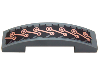 Lego Slope, Curved 4 x 1 x 2/3 Double with Copper Mechanical Links Pattern (Sticker) - Set 70226 / Dark Bluish Gray