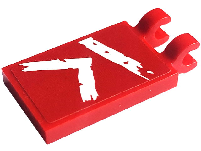 Lego Tile, Modified 2 x 3 with 2 Open O Clips with White Ninjago Logogram Letter R Pattern (Sticker) - Set 71775 / Red