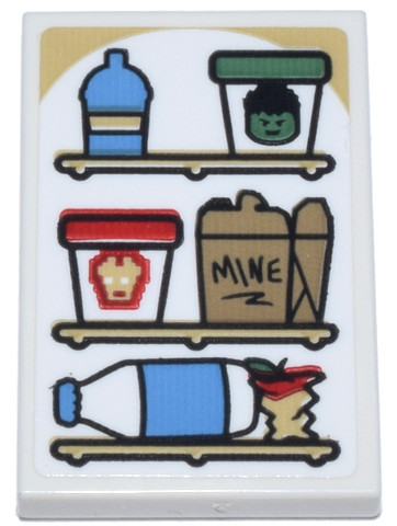 Lego Tile 2 x 3 with Refrigerator Shelves, Bottles, Dark Tan Carton 'MINE' and Red and Sand Green Ice Cream with Iron Man and Hulk Pattern (Sticker) - Set 76218 / White