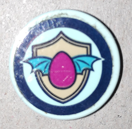 Lego Tile, Round 2 x 2 with Bottom Stud Holder with Winged Magenta Egg and Tan Shield on Light Aqua Background with Dark Blue Border Pattern (Sticker) - Set 41173