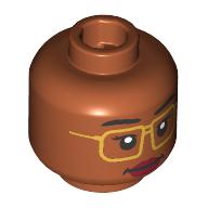 Lego Minifig Head Black Eyebrows, Gold Glasses, Dark Red Lips, Wink/Neutral / Dark Orange