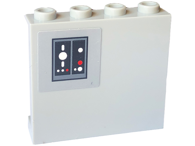 Lego Panel 1 x 4 x 3 with Side Supports - Hollow Studs with Dark Bluish Gray SW Control Panel with White and Red Buttons and Lights on Black Background Pattern (Sticker) - Set 75324 / Light Bluish Gray