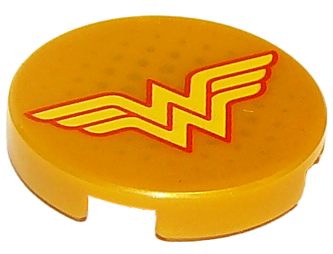 Lego Tile, Round 2 x 2 with Bottom Stud Holder with Yellow Letter 'W' with Red Outline Wonder Woman Logo and Gold Dots Pattern / Pearl Gold