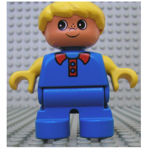 Lego Duplo Figure, Early Child, Hair Swept Left Yellow, Blue Legs, Yellow Arms, Red Collar and Freckles Print / Blue