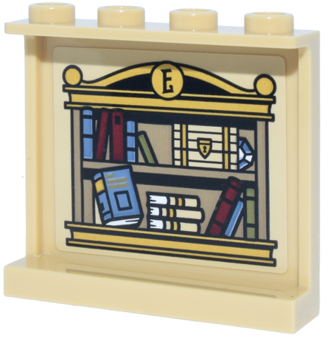 Lego Panel 1 x 4 x 3 with Side Supports - Hollow Studs with Dark Tan and Gold Shelf, Black Letter E, Tan and White Chest with Lock and Dark Red, Olive Green and Sand Blue Books  Pattern (Sticker) - Set 10351 / Tan