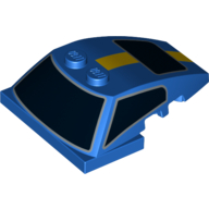 Lego Brick Wedged, Curved 5 x 4 x 1 1/3 with 2 x 4 Base with Black Windows and Yellow Stripe Print / Blue