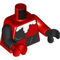 Lego Torso, Odd Arms and Hands, Jester Costume, Black Quarters Front and Back, White Puffy Collar Print, Left Red Arm and Black Hand, Right Black Arm and Red Hand / Red