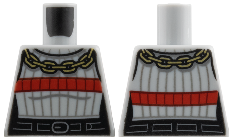 Lego Torso Female Gold Chain Red Stripe, Dark Bluish Gray Pinstripes, Black Belt Pattern / Light Bluish Gray