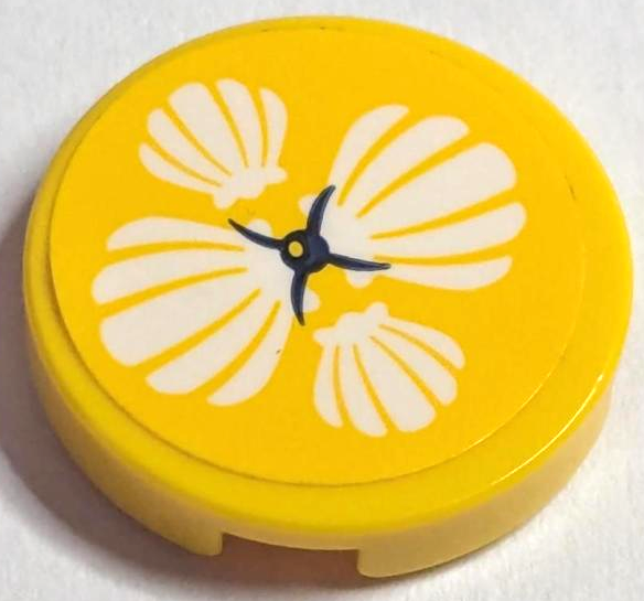 Lego Tile, Round 2 x 2 with Bottom Stud Holder with Cushion with White Shells and Black Button on Yellow Background Pattern (Sticker) - Set 41380