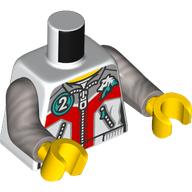 Lego Torso, Jacket, Zipper, Light Bluish Grey/Red Shapes, Dark Turquoise Circle with White '2', Dragon print, Flat Silver Arms, Yellow Hands / White