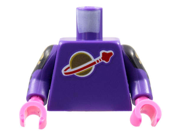 Lego Torso with Classic Space Logo High on Torso Pattern, Inside with Ribs (second reissue) / Dark Purple Arms with Black and Gold Armor Pattern / Dark Pink Hands