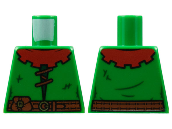 Lego Torso Castle Forestman Red Collar, Reddish Brown Lacing and Belt with Pouch, Dark Green Stitches, Gold Buckles Pattern / Green