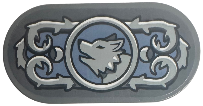 Lego Tile, Round 2 x 4 Oval with Light Bluish Gray Scrollwork and Wolf in Circle on Sand Blue Background Pattern (Sticker) - Set 76781 / Dark Bluish Gray