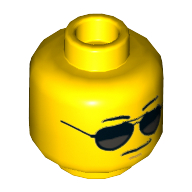 Lego Minifig Head, Black and Silver Sunglasses, Chin Dimple, Grim Mouth Print / Yellow