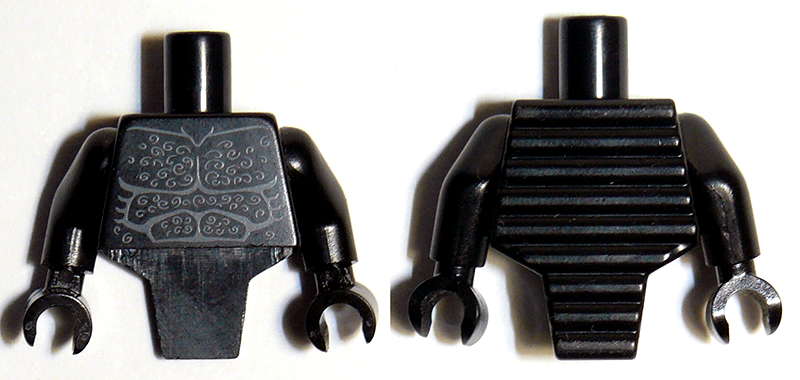 Lego Torso, Modified Short with Ridged Armor with Bare Chest with Muscles Outline and White Chest Hair Pattern / Black Arms / Black Hands
