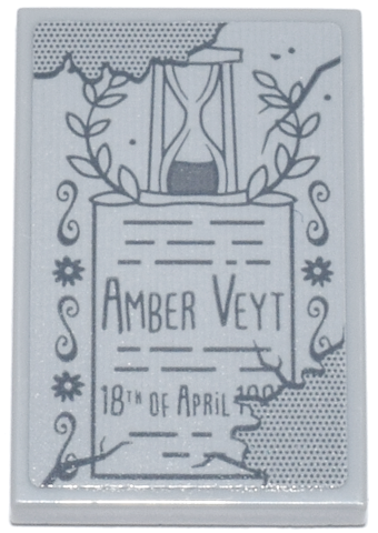 Lego Tile 2 x 3 with Tombstone with Dark Bluish Gray 'AMBER VEYT 18TH OF APRIL' and Hourglass Pattern (Sticker) - Set 21341