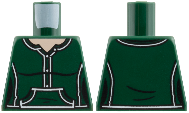 Lego Torso Female Henley Shirt with Black and White Trim, Buttons and Kangaroo Pocket, Light Nougat Neck Pattern / Dark Green