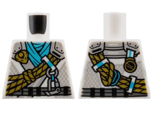 Lego Torso Tunic with Light Bluish Gray Shoulders, Medium Azure Scarf, Gold Dragon Head and Ropes and Silver Carabiner Pattern / White