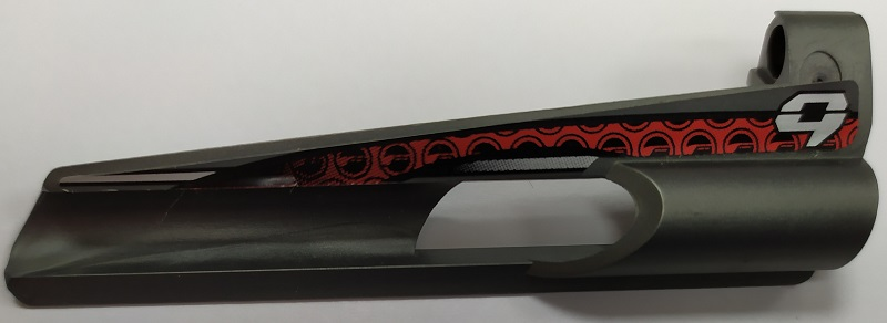 Lego Technic, Panel Fairing # 7 Small Long, Large Hole, Side A with Stylized Silver Number 9 and Black and Red Pattern (Sticker) - Set 8353 / Pearl Dark Gray