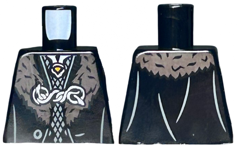Lego Torso Robe Open with Button, Dark Brown Fur Collar, and Entwined Snakes Clasp, Silver Brooch Pattern / Black