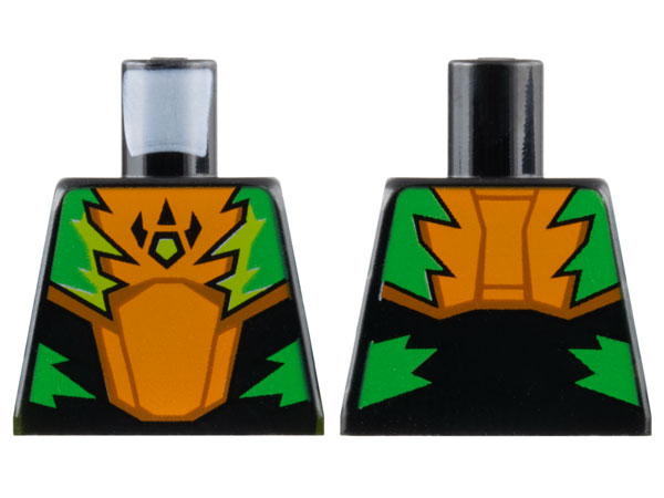 Lego Torso Racing Suit with Orange Breastplate with Raptor Claw Logo, Bright Green and Lime Jagged Panels Pattern / Black