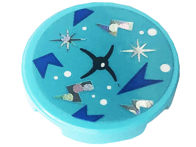 Lego Tile, Round 2 x 2 with Bottom Stud Holder with Cushion with Black Button, White Dots, Blue Arrows, Holographic Stars and Lightning Bolts Pattern (Sticker) - Set 41708