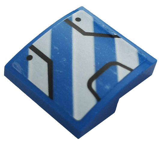 Lego Slope, Curved 2 x 2 x 2/3 with Black Lines and White Danger Stripes Pattern Model Left Side (Sticker) - Set 76125 / Blue