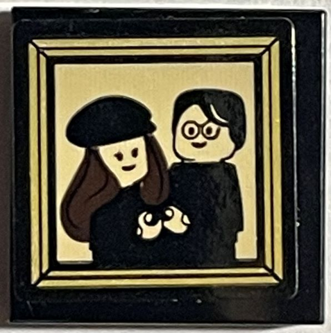 Lego Tile 2 x 2 with James and Lily Potter Portrait Pattern (Sticker) - Set 75968 / Black