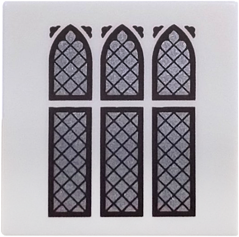 Lego Tile 2 x 2 with 3 Silver Arched and Rectangular Windows with Dark Bluish Gray Frame and Lattice Pattern / White
