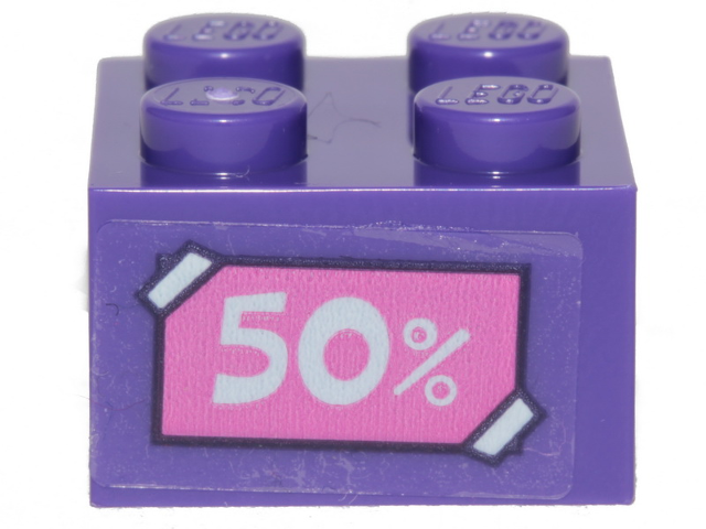 Lego Brick 2 x 2 with White '50%' on Dark Pink Label Pattern (Sticker) - Set 41409