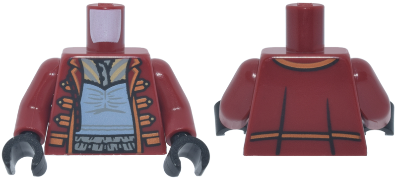 Lego Torso Female Military Coat Open with Dark Orange Trim and Clasps over Sand Blue Top with Dark Bluish Gray Ruffles and Striped Shirt Pattern / Dark Red Arms / Black Hands