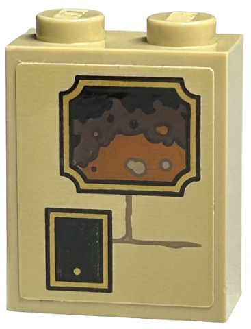 Lego Brick 1 x 2 x 2 with Inside Stud Holder with Pictures of Witch and Lava in Gold Frame, Bricks and Dark Tan Mortar Pattern (Sticker) - Set 40577