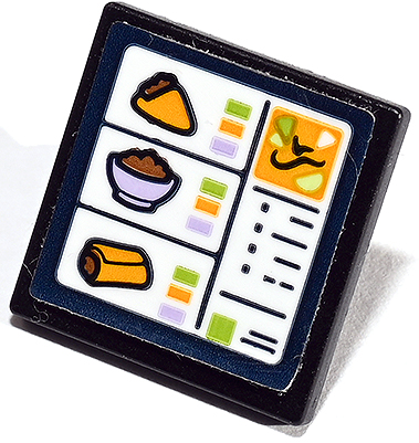 Lego Road Sign 2 x 2 Square with Open O Clip with Cash Register Screen with Taco, Bowl and Burrito Pattern (Sticker) - Set 41747 / Black