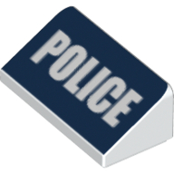 Lego Brick Sloped 30° 1 x 2 x 2/3 with White 'POLICE' on Dark Blue Background Print / White