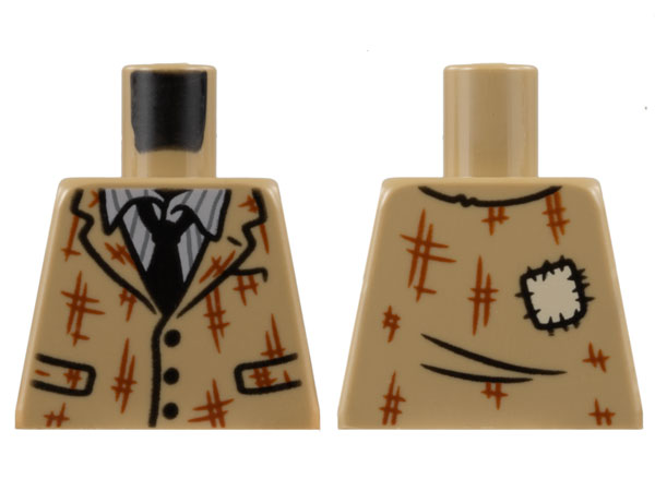 Lego Torso Jacket with Reddish Brown Scuffs and Hashmarks, Striped Shirt, Black Tie, Patch on Back Pattern / Dark Tan