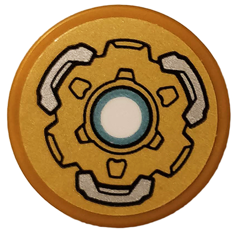 Lego Tile, Round 2 x 2 with Bottom Stud Holder with Silver Armor Plates and White Circle on Gold Background Pattern (Sticker) - Set 76140