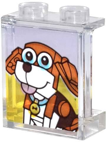 Lego Panel 1 x 2 x 2 with Side Supports - Hollow Studs with Reddish Brown and White Dog with Collar Pattern (Sticker) - Set 31147 / Trans-Clear
