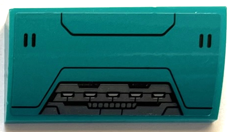 Lego Slope, Curved 2 x 4 x 2/3 with Bottom Tubes with Dark Bluish Gray Panel and Black Hull Plate Lines Pattern (Sticker) - Set 76255 / Dark Turquoise