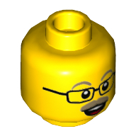 Lego Minifig Head Top Hat Tom, Dark Tan Eyebrows and Moustache, Square Glasses, Open Mouth Smile Print / Yellow