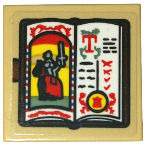 Lego Tile 2 x 2 with Black Open Book, White Pages, Knight on Horse and Red and Black Text Pattern (Sticker) - Set 10332 / Tan