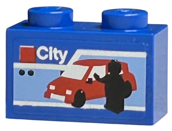 Lego Brick 1 x 2 with LEGO City Set Box Art, Red Car and Black Minifigure Silhouette Pattern (Sticker) - Sets 40145 / 40305 and Gear 40359
